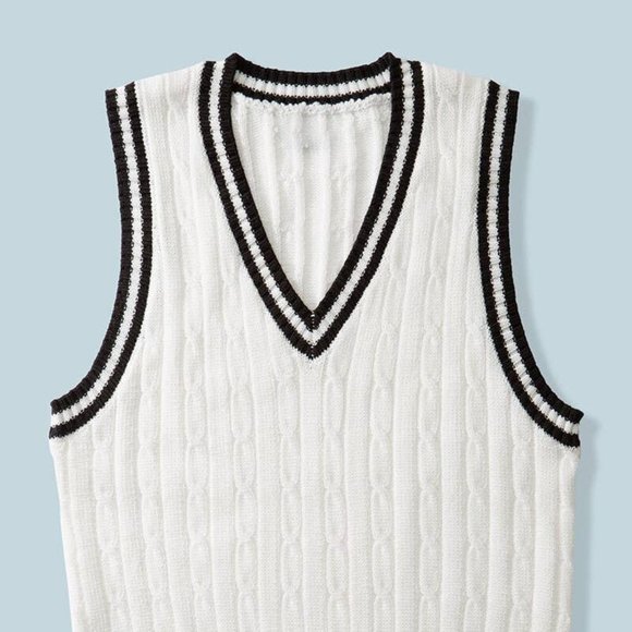Love Tree Sweaters - Love Tree Cable Knit Strip Trim Sweater Vest (Ivory)